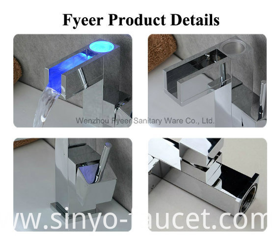 Self-Power 3 Color LED Waterfall Brass Basin Water Faucet (QH0615AF)